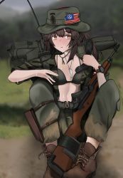Rule 34 | 1girl, absurdres, bad id, bad link, bad pixiv id, bikini, bikini top only, boots, cross-laced footwear, fte (fifteen 199), girls&#039; frontline, green hat, gun sling, hat, highres, insignia, lace-up boots, m14 (girls&#039; frontline), rocket launcher, soldier, solo, swimsuit, weapon