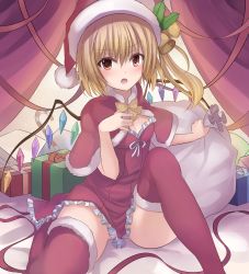 Rule 34 | &gt;:o, 1girl, :o, blonde hair, blush, capelet, christmas, colored eyelashes, dress, flandre scarlet, gift, gift bag, hair between eyes, hand on own chest, hat, highres, janne cherry, looking at viewer, open mouth, red dress, red eyes, red thighhighs, santa hat, short dress, short hair, side ponytail, sitting, solo, thighhighs, thighs, touhou, v-shaped eyebrows