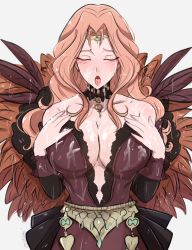 Rule 34 | 1girl, artist name, bare shoulders, belt, blue eyes, breasts, brown dress, center opening, choker, circlet, cleavage, closed mouth, collarbone, cornelia arnim, cum, cum on body, cum on breasts, cum on upper body, detached sleeves, dress, feathers, fire emblem, fire emblem: three houses, forehead jewel, green eyes, hands on own chest, hands over breasts, hands up, highres, large breasts, lewdapplez, long hair, looking at viewer, navel, nintendo, omiza somi, open mouth, parted bangs, pink hair, plunging neckline, simple background, solo, strapless, strapless dress, suggestive fluid, tongue, tongue out, upper body, wavy hair, wet, white background