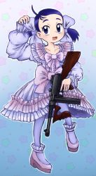 Rule 34 | absurdres, blue hair, bow, dress, gun, highres, ojamajo doremi, senoo aiko, shrums, submachine gun, thompson submachine gun, weapon