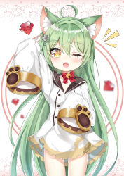 Rule 34 | 1girl, ^^^, absurdres, ahoge, akashi (azur lane), animal ears, arlene (ju), arm up, azur lane, bell, bow, cat ears, chestnut mouth, fang, gem, green hair, hair between eyes, hair ornament, highres, long hair, long sleeves, looking at viewer, one eye closed, open mouth, paw print, red bow, sleeves past wrists, solo, thighs, very long hair, yellow eyes