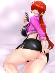Rule 34 | 1girl, ass, breasts, cellphone, cropped jacket, from behind, hair over eyes, highres, huge ass, large breasts, long hair, looking at viewer, low twintails, lying, on side, pencil skirt, phone, red hair, shermie (kof), shiny clothes, shiny skin, sideboob, sk, skirt, smile, solo, the king of fighters, thick thighs, thighs, thong, twintails, very long hair