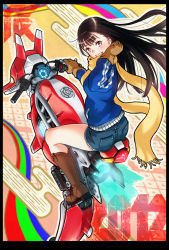 Rule 34 | 10s, 1girl, 2012, :d, beam, black border, black hair, blush, boots, border, brown footwear, brown gloves, denim, denim shorts, energy, full body, gloves, grin, hand in own hair, highres, hover bike, jacket, jersey, knee boots, lips, long hair, looking at viewer, looking back, open mouth, original, red eyes, scarf, short shorts, shorts, smile, solo, teeth, track jacket, wantacchi