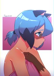 Rule 34 | 1girl, alternate hairstyle, animal ears, animal nose, artist name, blue hair, body fur, brand new animal, brown fur, closed mouth, furry, furry female, green eyes, highres, kagemori michiru, multicolored eyes, naked towel, pink background, pink eyes, profile, raccoon ears, raccoon girl, raccoon tail, short hair, snout, solo, tail, tanquito kun, tears, towel, two-tone background, upper body, white background