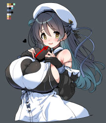 Rule 34 | 1girl, beret, black dress, black gloves, black hair, breasts, candy, chocolate, chocolate heart, cleavage cutout, clothing cutout, dress, food, gloves, grey background, hands on own breasts, hat, heart, hirowa nagi, huge breasts, long hair, looking at viewer, multicolored hair, off shoulder, open mouth, original, partially fingerless gloves, sideboob, simple background, skirt, smile, solo, two-tone hair, upper body, valentine, white headwear, white skirt, yellow eyes