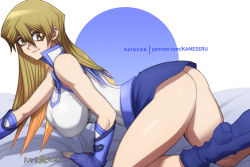 Rule 34 | 1girl, all fours, ass, bed sheet, blonde hair, blue background, blue footwear, blue gloves, boots, breasts, closed mouth, fingerless gloves, from side, gloves, hair between eyes, kameseru, large breasts, long hair, looking back, miniskirt, skirt, sleeveless, solo, tenjouin asuka, white background, yellow eyes, yu-gi-oh!, yu-gi-oh! gx
