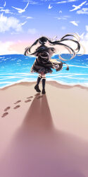 Rule 34 | 1girl, absurdres, ahoge, backlighting, beach, bird, black hair, black socks, blue sky, brown capelet, brown footwear, brown skirt, capelet, commentary, day, drop shadow, floating hair, frilled skirt, frills, from behind, hair ribbon, hashtag only commentary, highres, honma misuzu, kneehighs, knees together feet apart, loafers, long hair, ocean, outdoors, ribbon, ririi (ai-my talikng), sakura no toki, school uniform, seagull, shoes, skirt, sky, socks, solo, standing, twintails, very long hair, white ribbon, wide shot, wind