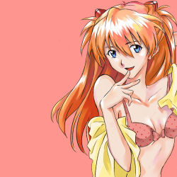 Rule 34 | 1girl, blonde hair, blue eyes, bra, chenyilei930, collarbone, finger to mouth, hair ornament, long hair, looking at viewer, neon genesis evangelion, off shoulder, open clothes, open mouth, open shirt, pink background, pink bra, polka dot, polka dot bra, shirt, simple background, smile, solo, souryuu asuka langley, underwear, upper body
