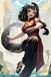 Rule 34 | 1girl, 2024, black eyes, black hair, black pants, blunt bangs, braid, chinese clothes, chinese zodiac, collared shirt, dragon girl, dragon tail, foot out of frame, hands up, highres, inset border, leg up, long hair, open mouth, outdoors, pants, protagonist 2 (housamo), shirt, sidelocks, single braid, smile, solo, tail, tass commuovere, tokyo houkago summoners, water, waterfall, year of the dragon