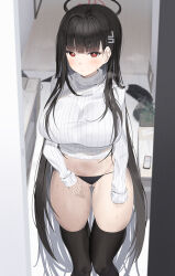 Rule 34 | 1girl, absurdres, black hair, black panties, black thighhighs, blue archive, blush, breasts, closed mouth, feet out of frame, gluteal fold, hair ornament, hairpin, halo, highres, large breasts, long hair, long sleeves, looking at viewer, mechanical halo, miamuly, navel, panties, red eyes, rio (blue archive), solo, sweater, thighhighs, underwear, white sweater