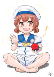 Rule 34 | 1girl, akashieru, barefoot, blue sailor collar, bow, brown eyes, brown hair, castanets, dress, hair rings, hat, highres, holding, holding instrument, indian style, instrument, kaiboukan no. 4 (kancolle), kantai collection, long hair, low twintails, open mouth, sailor collar, sailor dress, sailor hat, sailor shirt, shirt, short sleeves, simple background, sitting, smile, solo, twintails, white background, white dress, white hat, yellow bow