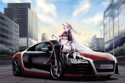 Rule 34 | 1girl, absurdres, audi, audi r8, azur lane, black footwear, black thighhighs, boots, breasts, car, car keys, cityscape, commentary, cropped jacket, crossed legs, full body, gloves, grey hair, headset, high heel boots, high heels, highres, kcar66t, large breasts, long hair, motor vehicle, need for speed, need for speed: carbon, official alternate costume, prinz eugen (azur lane), prinz eugen (final lap) (azur lane), product placement, race queen, revision, sitting, sitting on car, skirt, thigh boots, thighhighs, thighs, two side up, underboob, vehicle focus