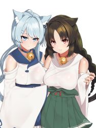 Rule 34 | 2girls, animal ears, asashio (azur lane), azur lane, bell, blue eyes, blue hair, blue sailor collar, blue skirt, braid, breasts, brown hair, cat ears, clothing cutout, fang, fang out, hair intakes, hakama, hakama short skirt, hakama skirt, highres, japanese clothes, jingle bell, large breasts, long hair, long sleeves, looking at viewer, multiple girls, neck bell, nezuko, ooshio (azur lane), parted bangs, red eyes, sailor collar, shoulder cutout, simple background, skirt, smile, twin braids, very long hair, white background, wide sleeves
