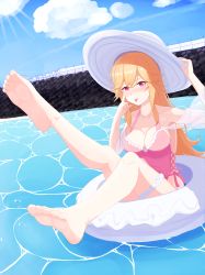 Rule 34 | 1girl, absurdres, azur lane, barefoot, blonde hair, blush, breasts, cleavage, cloud, collarbone, finger to face, hat, highleg, highleg swimsuit, highres, innertube, large breasts, light rays, long hair, looking at viewer, ocean, one-piece swimsuit, oreon z, pink one-piece swimsuit, red eyes, richelieu (azur lane), richelieu (fleuron of the waves) (azur lane), rock, sitting, sky, sun, sun hat, sunbeam, sunlight, swim ring, swimsuit, thigh strap, tongue, tongue out, water, white headwear