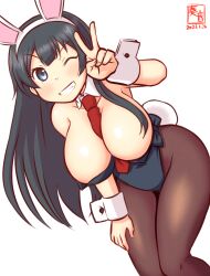 Rule 34 | 1girl, agano (kancolle), alternate costume, animal ears, areola slip, artist logo, bare shoulders, black hair, black leotard, bow, bowtie, breasts, brown pantyhose, covered navel, cowboy shot, dated, detached collar, fake animal ears, fake tail, green eyes, highleg, highleg leotard, kanon (kurogane knights), kantai collection, large breasts, leotard, long hair, looking at viewer, one-hour drawing challenge, pantyhose, playboy bunny, rabbit ears, rabbit tail, red leotard, simple background, smile, solo, strapless, strapless leotard, tail, traditional bowtie, v, white background, wrist cuffs