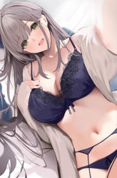 Rule 34 | 1girl, :d, blue bra, blue panties, blurry, blurry foreground, bra, breasts, commentary request, eyes visible through hair, garter belt, green eyes, hair between eyes, hand on own chest, highres, hololive, large breasts, long hair, long sleeves, looking at viewer, lying, navel, niii (memstapak), on back, open mouth, outstretched arm, panties, selfie, shirogane noel, silver hair, sleeves past wrists, smile, solo, stomach, underwear, upper body, very long hair, virtual youtuber