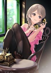 Rule 34 | 1girl, antique phone, bare shoulders, black pantyhose, braid, brown eyes, corded phone, deca purio, dress, grey hair, hair over shoulder, hair tie, highres, holding, holding phone, indoors, legs up, long hair, no shoes, off-shoulder dress, off shoulder, on chair, original, pantyhose, parted lips, phone, pink dress, rotary phone, single braid, sitting, smile, solo, swept bangs, table, talking on phone, toes, window