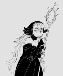 Rule 34 | 1girl, biting, breasts, chimeracauldron, cleavage, dress, dungeon meshi, greyscale, holding, holding staff, hood, long hair, marcille donato, medium breasts, monochrome, nail biting, solo, staff, standing, sweatdrop