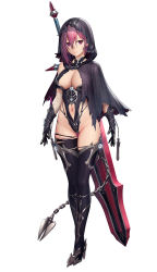 Rule 34 | 1girl, artwhirl mahou gakuen no otome-tachi, black thighhighs, boots, breasts, cleavage cutout, clothing cutout, full body, gauntlets, hilda (artwhirl), hood, huge weapon, large breasts, leotard, mana (remana), navel, official art, purple eyes, red hair, revealing clothes, simple background, solo, standing, tachi-e, thigh boots, thighhighs, weapon, weapon on back, white background