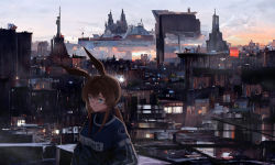 Rule 34 | 1girl, alternate costume, amiya (arknights), animal ears, arknights, bags under eyes, blue eyes, blue sweater, brown hair, casual, city, closed mouth, clothes writing, day, expressionless, fzl201218, highres, long hair, long sleeves, looking afar, looking away, low ponytail, rabbit ears, scenery, solo, sweater, upper body