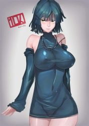 Rule 34 | 10hmugen, 1girl, blush, breasts, closed mouth, cowboy shot, curvy, female focus, fubuki (one-punch man), gradient background, green eyes, grey background, inverted nipples, large breasts, nipples, one-punch man, see-through, short hair, solo, standing, wide hips