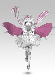 Rule 34 | 1girl, animal ears, armor, bow, bowtie, cape, cofee fan, covered mouth, crown, earclip, floating hair, hand mirror, holding, holding mirror, horse ears, horse girl, horse tail, mini crown, mirror, partially colored, piercing, pink cape, pink eyes, sailor collar, school uniform, shoes, short hair, short sleeves, shoulder armor, skirt, solo, t.m. opera o (umamusume), tail, thighhighs, tracen school uniform, umamusume
