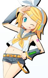 Rule 34 | belt, blonde hair, blue eyes, bow, detached sleeves, hair ornament, hairclip, headset, highres, kagamine rin, linco, midriff, navel, one eye closed, short hair, shorts, solo, tongue, vocaloid, wink
