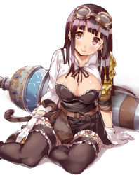 Rule 34 | 10s, 1girl, black hair, black thighhighs, blush, breasts, brown hair, cleavage, female focus, gloves, goggles, goggles on head, granblue fantasy, hime cut, jessica (granblue fantasy), large breasts, long hair, looking at viewer, mamedenkyuu (berun), simple background, sitting, skirt, smile, solo, thighhighs, white background, white gloves, wide hips, yokozuwari