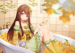 Rule 34 | 1girl, bathtub, blurry, blurry foreground, blush, boots, braid, brown eyes, brown hair, corset, crown braid, detached sleeves, dress, flower, flower bracelet, gazelle-barn, hair flower, hair ornament, highres, holding, holding flower, idolmaster, idolmaster million live!, idolmaster million live! theater days, indoors, jewelry, long sleeves, looking at viewer, necklace, pearl necklace, sitting, smile, solo, sunlight, tanaka kotoha