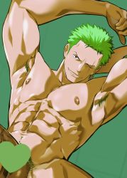 Rule 34 | 1boy, abs, armpits, bara, censored, completely nude, dizdoodz, earrings, erection, green hair, heart, heart censor, highres, jewelry, looking at viewer, lying, male focus, male pubic hair, muscular, muscular male, navel, navel hair, nipples, nude, on back, one piece, paid reward available, pectorals, penis, pubic hair, paid reward available, roronoa zoro, scar, scar across eye, scar on face, short hair, sideburns, single earring, smirk, smug, solo, stomach, veins, veiny penis