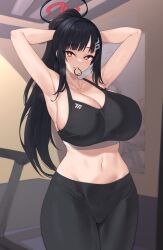 Rule 34 | 1girl, armpits, arms up, bare arms, bare shoulders, black hair, black pants, blue archive, breasts, cleavage, commentary, cowboy shot, crop top, hair ornament, hairclip, highres, huge breasts, kuavera, leggings, looking at viewer, midriff, mouth hold, navel, pants, pink eyes, rio (blue archive), solo, sports bra, standing, stomach, thighs, tying hair, yoga pants