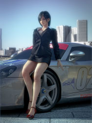 Rule 34 | 1girl, 3d, breasts, brown eyes, building, car, formal, highres, incise soul, large breasts, looking at viewer, motor vehicle, nagase reiko, namco, porsche, porsche carrera gt, ridge racer, shoes, skyline, suit, tire