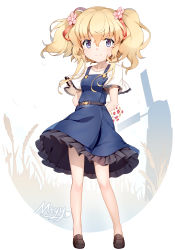 Rule 34 | 1girl, arms behind back, artist name, bare legs, blue dress, blue eyes, blush, brown footwear, closed mouth, dress, flower, frilled dress, frills, full body, glowworm (warship girls r), hair between eyes, hair flower, hair ornament, legs apart, loafers, looking at viewer, mtyy, no socks, pinafore dress, shirt, shoes, short hair, short sleeves, sidelocks, silhouette, simple background, sleeveless dress, solo, standing, tareme, twintails, warship girls r, white shirt, windmill