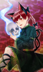 Rule 34 | 1girl, animal ears, black bow, bow, braid, cat ears, cat tail, dress, extra ears, fang, feet out of frame, flaming skull, floating skull, green dress, hair bow, highres, hitodama, kaenbyou rin, leg ribbon, light blush, long sleeves, looking at viewer, multiple tails, open mouth, outer glow, red eyes, red hair, ribbon, sakurai toki, sitting, skin fang, skull, smile, solo, tail, touhou, twin braids