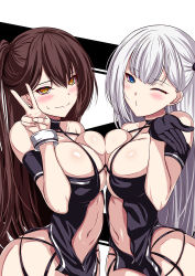 Rule 34 | 2girls, akeyama kitsune, armband, azur lane, bare hips, bare shoulders, black dress, black gloves, blue eyes, blush, breast press, breasts, brown hair, center opening, choker, cleavage, collarbone, commentary request, criss-cross halter, dress, earrings, gloves, halter dress, halterneck, hand up, high ponytail, jewelry, large breasts, long hair, looking at viewer, mole, mole under eye, multiple girls, navel, official alternate costume, one side up, outstretched hand, ponytail, puckered lips, race queen, shoukaku (azur lane), shoukaku (sororal wings) (azur lane), sweatdrop, symmetrical docking, v, white hair, yellow eyes, zuikaku (azur lane), zuikaku (the wind&#039;s true name) (azur lane)