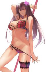 Rule 34 | 1girl, arm behind head, arm up, backlighting, bikini, bikini pull, bracelet, breasts, bridal garter, cleavage, closed mouth, clothes pull, cowboy shot, fate/grand order, fate (series), flower, from below, groin, hair between eyes, hair flower, hair ornament, highres, holding, holding weapon, jewelry, kunai, large breasts, legs, legs apart, light smile, long hair, looking at viewer, md5 mismatch, navel, panties, panty pull, polearm, pulling own clothes, purple hair, red bikini, red eyes, resized, resolution mismatch, scathach (fate), scathach (fate/grand order), scathach (swimsuit assassin) (fate), side-tie bikini bottom, simple background, smile, solo, source larger, spear, strap pull, string bikini, swimsuit, thighs, three k (spiritus no honoo), underboob, underwear, undressing, very long hair, weapon, white background