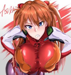 Rule 34 | 1girl, alternate breast size, blue eyes, blush, grabbing another&#039;s breast, breast press, breasts, curvy, eyepatch, grabbing, hair between eyes, highres, large breasts, long hair, looking at viewer, neon genesis evangelion, orange hair, plugsuit, puripuri jet, rebuild of evangelion, shiny clothes, shiny skin, solo, souryuu asuka langley, standing, sweat, thighs, twintails
