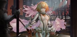 Rule 34 | 10s, 1girl, 6+boys, absurdres, alternate hairstyle, armor, belt, blonde hair, breasts, chain, fate/extra, fate/extra ccc, fate (series), gluteal fold, green eyes, highres, indoors, lock, mag (huangmag), multiple boys, navel, nero claudius (bride) (fate), nero claudius (fate), nero claudius (fate) (all), padlock, petals, polearm, revision, short hair, skin tight, smile, solo focus, standing, sword, veil, walking, weapon, wind, wrist cuffs