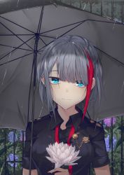 Rule 34 | 1girl, absurdres, admiral graf spee (azur lane), admiral graf spee (daily peaceful life) (azur lane), admiral graf spee (girl&#039;s sunday) (azur lane), azur lane, black shirt, breasts, closed mouth, collared shirt, commentary, flower, grey hair, hair over eyes, head tilt, highres, holding, holding flower, holding umbrella, hydrangea, looking at viewer, lotus, medium breasts, multicolored hair, necktie, outdoors, page&#039;as, rain, red hair, red necktie, shirt, short hair, short sleeves, sidelocks, smile, solo, streaked hair, umbrella, untied, water, water drop, white flower