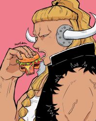Rule 34 | 1boy, blonde hair, braid, burger, curled horns, dark-skinned male, dark skin, eating, food, from side, high ponytail, highres, horns, jack (one piece), long hair, male focus, muscular, muscular male, no eyebrows, one piece, pink background, ponytail, sharp teeth, solo, teeth, torn clothes, torn sleeves, tsurime, upper body, wodon (neotidon)
