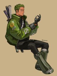 Rule 34 | 1boy, belt, black gloves, black pants, brown background, commentary, english commentary, etceteraart, full body, gloves, green hair, green jacket, highres, jacket, looking ahead, male focus, mechanical boots, multiple swords, one eye closed, one piece, pants, roronoa zoro, short hair, sideburns, solo, twitter username, white belt