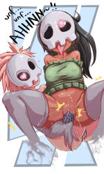 Rule 34 | 2girls, ^^^, ahegao, bad id, bad tumblr id, bankage, bare shoulders, black hair, bottomless, breasts, censored, clitoris, colored skin, covered erect nipples, creatures (company), dildo, drooling, duskull, erect clitoris, female ejaculation, game freak, gen 3 pokemon, grey legwear, heart, heart-shaped pupils, highres, long hair, mask, monster, monster girl, multiple girls, nintendo, object insertion, one-eyed, personification, pink hair, pokemon, pussy, pussy juice, red eyes, red skin, rolling eyes, saliva, sex toy, short hair, spread legs, sweater, symbol-shaped pupils, text focus, thighhighs, tongue, tongue out, uncensored, vaginal, vaginal object insertion, yuri