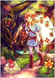 Rule 34 | 1boy, aquanut, brown footwear, brown gloves, day, fingerless gloves, floating, flower, food, forest, fruit, gloves, grass, korok, link, long hair, male focus, nature, nintendo, nut, outdoors, path, pointy ears, road, sheikah slate, standing, sword, the legend of zelda, the legend of zelda: breath of the wild, tree, tree stump, tunic, weapon