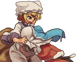 Rule 34 | 2girls, animal hat, blonde hair, breasts, brown eyes, cat tail, chanta (ayatakaoisii), chen, hat, large breasts, long sleeves, mob cap, multiple girls, multiple tails, open mouth, short hair, simple background, tail, touhou, white background, white headwear, yakumo ran