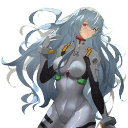 Rule 34 | 1girl, ayanami rei, blue hair, bodysuit, breasts, cowboy shot, evangelion: 3.0+1.0 thrice upon a time, hairpods, highres, interface headset, large breasts, long hair, neon genesis evangelion, official alternate hair length, official alternate hairstyle, pilot suit, plugsuit, rebuild of evangelion, red eyes, simple background, solo, very long hair, white background, white bodysuit, ying shi de xia yeji
