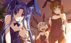 Rule 34 | 3girls, animal ears, backlighting, bare shoulders, blue eyes, blue hair, blush, bow, breasts, brown hair, closed mouth, couch, curtains, dark persona, detached collar, embarrassed, fake animal ears, flat chest, grin, hair ornament, hair ribbon, highres, indoors, leotard, long hair, looking at viewer, lyrical nanoha, mahou shoujo lyrical nanoha, mahou shoujo lyrical nanoha a&#039;s, mahou shoujo lyrical nanoha a&#039;s portable: the battle of aces, lord dearche, levi the slasher, stern the destructor, multiple girls, no eyes, open mouth, pantyhose, playboy bunny, purple eyes, rabbit ears, ribbon, shikei, short hair, silver hair, sitting, smile, standing, teeth, twintails, wrist cuffs, x hair ornament
