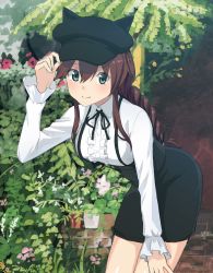 Rule 34 | 1girl, adjusting clothes, adjusting headwear, alternate costume, animal ears, animal hat, black dress, black hat, blouse, braid, breasts, brown hair, collared dress, collared shirt, day, dress, fake animal ears, green eyes, hand on own knee, hat, highres, kantai collection, leaning forward, long hair, long sleeves, looking at viewer, masukuza j, medium breasts, noshiro (kancolle), outdoors, pinafore dress, plant, shirt, sidelocks, skirt, sleeveless, sleeveless dress, smile, solo, suspender skirt, suspenders, white shirt