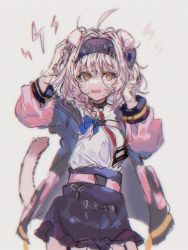Rule 34 | 1girl, 414 (hncx3355), absurdres, ahoge, animal ears, arknights, arms up, belt, black hairband, black skirt, blue bow, bow, braid, cat ears, cat girl, cat tail, chinese commentary, commentary request, cowboy shot, garter straps, goldenglow (arknights), hair bow, hairband, hands in hair, highres, jacket, lightning bolt print, lightning bolt symbol, long hair, long sleeves, messy hair, open clothes, open jacket, pink hair, pink jacket, scissors, shirt, side braid, simple background, skirt, solo, tail, white background, white shirt