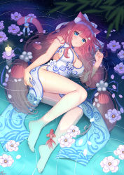 Rule 34 | 1girl, animal ears, bare legs, barefoot, blue eyes, breasts, brown hair, candle, cat ears, character request, china dress, chinese clothes, dress, fish, flower, full body, goldfish, highres, ken-san, looking at viewer, lying, medium breasts, on side, shallow water, side slit, solo, virtual youtuber, water, white dress