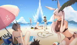 Rule 34 | 1other, 2boys, 4girls, absurdres, animal ears, arknights, bare legs, bare shoulders, beach, beach towel, bikini, black bikini, blue sky, chinese commentary, cloud, commentary request, crownslayer (arknights), day, faust (arknights), food, food in mouth, from behind, frostnova (arknights), grey bikini, hair over one eye, hand up, highres, horns, looking at viewer, looking back, mephisto (arknights), mouth hold, multiple boys, multiple girls, navel, ocean, originium slug (arknights), outdoors, oxygen (0220), popsicle, profile, rabbit ears, rabbit girl, rabbit tail, reunion logo (arknights), reunion soldier (arknights), scar, scar on face, scar on nose, short hair, side-tie bikini bottom, silver hair, sky, stomach, swimsuit, tail, talulah (arknights), thighs, towel, w (arknights), water, yellow eyes